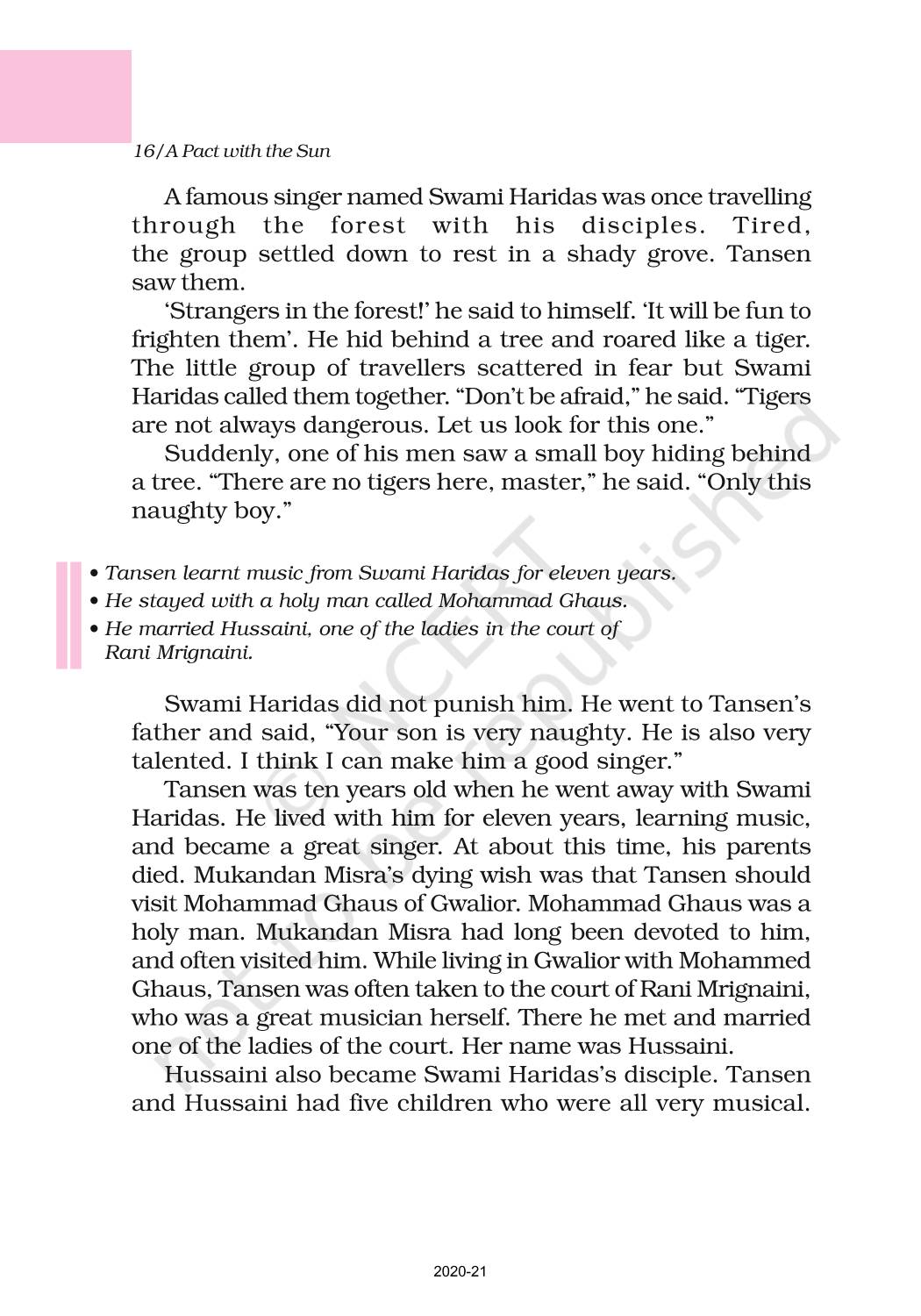 Tansen Ncert Book Of Class 6 English A Pact With The Sun